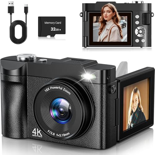 4K Digital Camera 50MP Autofocus Vlogging Camera 2.8' 180° Flip Screen with 16X Digital Zoom Compact Digital Camera with 32GB Card for Teenagers Beginners