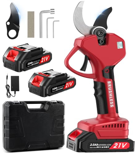 Electric Secateurs, 50 mm Electric Pruning Shears, 2 * 2Ah Battery Garden Secateurs per 6-8 h, SK7 Blade Pruner Cordless, 800W Brushless Professional Garden Power Tools for Hedges, Trees, Flowers