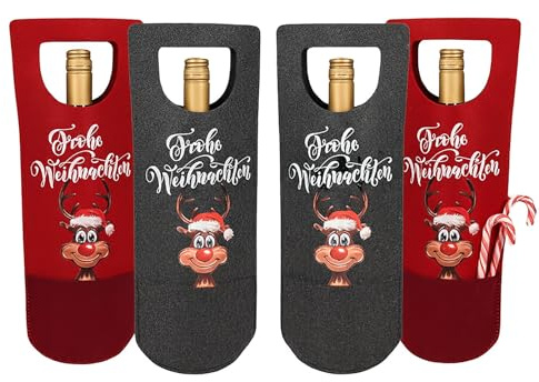 KAMACA 4er Set Flaschentaschen aus Filz mit lustigem Rentier-Motiv und Spruch Geschenktaschen für Wein- & Sektflaschen Weintaschen Tragegriff und Fach für Süßes (4er Set Filz Weihnachten Rentier)