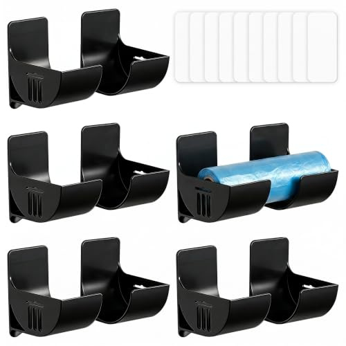 Flhlxzm 5 Pairs Bag Holder, Self-Adhesive No Punching Plastic Black Rack | Flhlxzm, Bin, Wall Mounted, Garbage Bags Dispenser Storage Rack, for Tin Foil Cling Film Trash Bags