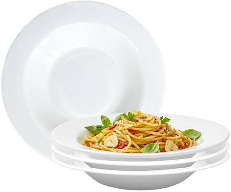 UNIQUE HOME LIVING Pasta Plate Set of 4, 22cm White Zenix Glass Round Deep Plates for Pasta Soup Salad, Dinner Party Food Serving Dishes, Lightweight & Durable, Stackable, Dishwasher Safe