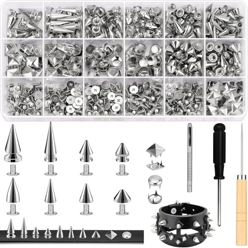455 Piezas Remaches Punk Decorativos, Tachuelas para Ropa, Tachuelas Cónicas Punk de Metal Plateado, Remaches para Decoración de Manualidades, Bolsos, Ropa, Zapatos, Cuero