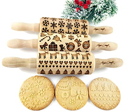 Kinder Nudelholz mit Muster Weihnachten Backen 3-er SET - Teigroller Holz für DIY Weihnachten Plätzchen - Graviert Plätzchenrolle mit Motiv - 3D Plätzchen Roller von Algis Crafts
