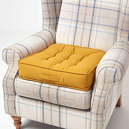 HOMESCAPES Mustard Armchair Booster Cushion Large Firm 50cm Square Seat Pad with Supportive 10 cm Thick Lift Soft Touch Cotton Dark Yellow Cushion For The Elderly, Post-Operative and Pregnancy