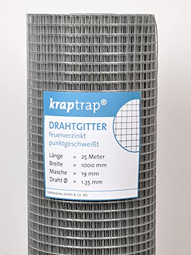 KrapTrap Volierendraht Drahtgitter I 19x19mm I 1m x 25m x 1,35mm I verzinkt I Drahtgitter als Vogeldraht, Hasengitter, Kaninchengitter oder Hühnerdraht