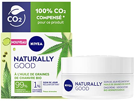 NIVEA NATURALLY GOOD Soin de jour réconfortant (1 x 50 ml), Soin visage à l’huile de graine de chanvre bio, Crème de jour apaisante pour peaux stressées