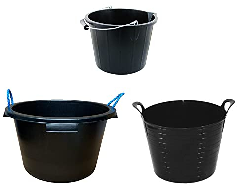 Set of 3-45L Heavy Duty Plaster Mixing Cement Muck Water Tub/Bucket, 3 Gallon Strong Plastic Builders Storage Bucket, And 40L Medium Garden Storage Container Bucket Polyethylene Flexi Tub (Black)