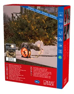 Konstsmide Micro LED Lichterkette mit Kabelaufroller, schwarz-rot, 600 warm weiße Dioden, 30V Außentrafo, 6W, schwarzes Soft-Kabel - 3836-107