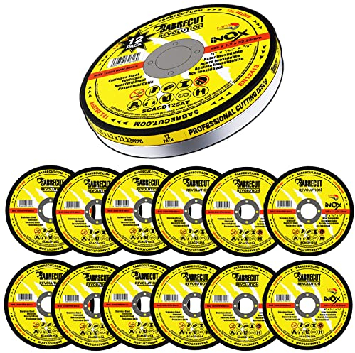 12 x SabreCut SCACD125AT 125mm (5) x 22.23mm Bore Abrasive Stainless Steel INOX Cutting Angle Grinder Circular Saw Discs Box Set Compatible with Bosch Dewalt Makita Milwaukee and Many Others