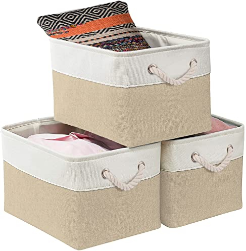 Mangata Large Storage Box set of 3, Fabric Storage Baskets with Handles for Cupboards, Wardrobe, Shelves, Bathroom, Clothes, Toys, Towel (Foldable, Khaki White)
