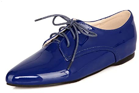 Lackläder mode spetssko platta skor låg klack med 2 cm snörpumps för kvinnor zb031, blå, 38 EU