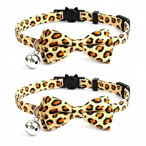 Lyxiga katthalsband med fluga och klocka | Säkert snabbfrigörande brytspänne | Zacal katthalsband (beige leopardtryck)