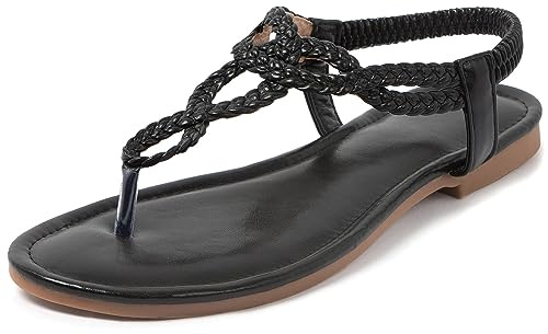 iCKER Women's Braided T-strap Thong Flat Sandals Elastic Brand Roman Gladiator Flip Flop Shoes-Woven Black-7.5