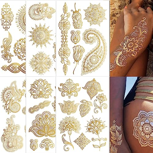 Sugeru Neue 6 große Blatt Gold Metallic Temporäre Tattoos(48+Designs) festival zubehör | festival accessoires | festival glitzer gesicht | henna tattoo | Flash Tattoos Aufkleben Damen