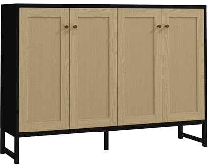 Panana Sideboard Accent Storage Cabinet with Rattan Decorated 4 Doors Dining Room Freestanding Kitchen Buffet Table Cupboard (Black)