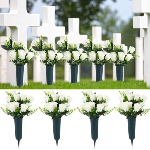 Glitinsel 4 Sets Artificial Cemetery Flowers, Memorial Flowers with Long Spikes Vase Artificial Rose for Cemetery Beautiful Arrangements Decoration Memorial Bouquet Flowers(White)