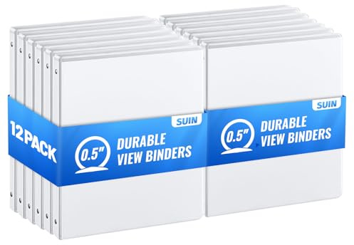 SUIN Bulk 12 Pack 0.5-inch 3 Ring Binders -Durable 1/2'' Binders with Roung Ring Binder, Large 100 Sheet Capacity, Fit 8.5 x 11 US Letter Size Paper, White (0.5'' White - 12 Packs)