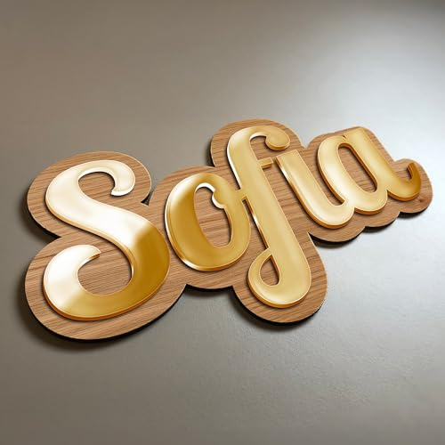 Personalisierbarer Vorname für Zimmertür, personalisierbar – personalisierbar – Schild aus Holz & Troglass Spiegel gestanzte Buchstaben (LUXE) (Eichenboden & Vorname Spiegel Gold)