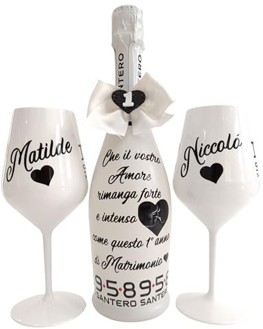 BOTTIGLIA Spumante e Bicchiere Personalizzabili ideali per San Valentino, Anniversario, Proposta di Matrimonio, Laurea, Compleanno, Natale, Scritta e Fiocco da scegliere in fase di personalizzazione