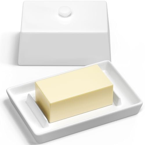 Butter Dish with Lid- 250g UK Standard Butter- Durable White Ceramic Container, Stylish British Kitchen Design, Easy Scoop Butter Holder, Large Butter Tray, Dishwasher Safe by Sophie & Jasmine London