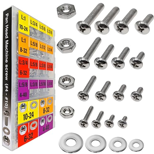 EEEEE 725pcs Phillips Pan Head SAE #4#6#8#10 Machine Screw Assortment Kit Assorted Screws 304 Stainless Steel and Nut Set Flat Washers Nuts Hardware with Snap Lock Case