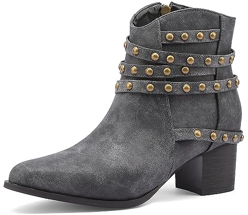 Bviennic Mujer Tacón Ancho Botas con Tachuelas Tacón Medio Botas Cortas Puntiagudo Zip Moda Botas de Vestir, Z167476Cb Gris Talla 36 EU
