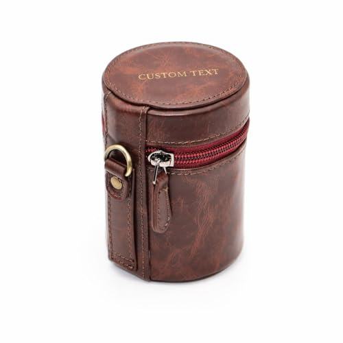 INKPO Personalized Camera Lens Storage Case, PU Leather Pouch with Velvet Lining, Custom Engraved Lid for Mirrorless and DSLR Lenses (Dark Brown, length ＜ 110mm, diameter ＜75mm)