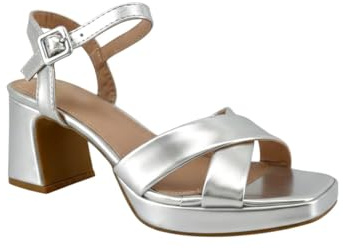 MODELISA - Sandalia Tacón Ancho Acabado Metalizado Hebilla Pulsera Tobillo Boda Mujer (Plata, Sistema tallas calzado EU, Adulto, Mujer, Números, mediano, 41)