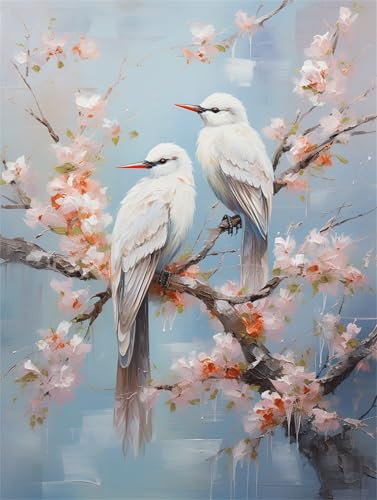 Vogel Malen Nach Zahlen Erwachsene Groß 60x80cm, Malen Nach Zahlen Baum, Kreativ Set für Erwachsene, DIY Handgemalt Ölgemälde Leinwand Kit mit 3 Set Pinseln Acrylfarben, Home Wand Dekor, Rahmenlos