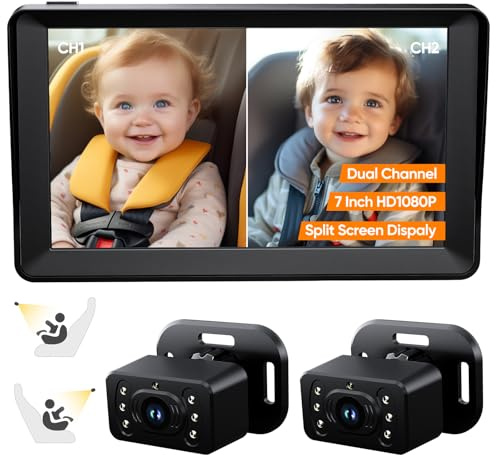 Cámara de coche de bebé para 2 niños, monitor de bebé de pantalla dividida de 7 pulgadas con cámara dual | Amplia visión de 150° y rotación de 360°, visión nocturna fácil de instalar, espejo retrovisor para coche de bebé