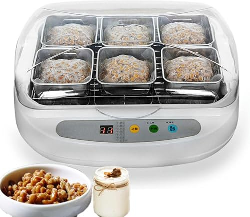 AFLEPCBRQ Natto Yogurt Electric Fermenteur, Fermeter De Yogourt Chimostatique De 3,5 L, Fermentation Natto avec 6 Conteneurs en Céramique Et 7 Modes, Contrôle du Panneau Intelligent Et Minuterie