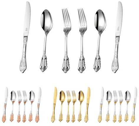 Hochzeitsbesteck Set Personalisiert Edelstahl Besteck mit Datum und Namen graviert 4/6 Stück Vintage personalisierte Utensilien Geschenk Besteck für Gastronomie Abendessen