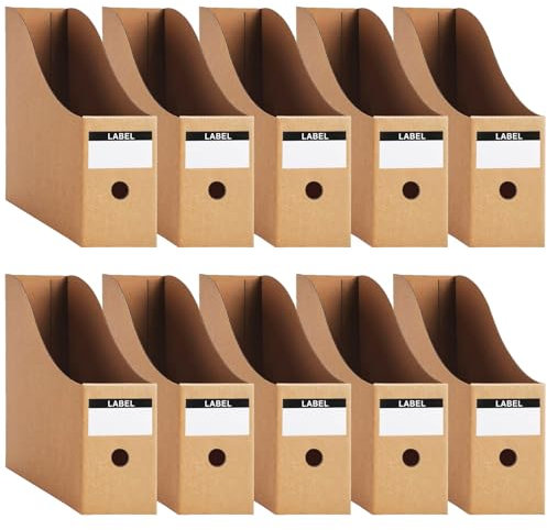 Foydream Porte Revues A4 en Papier Kraft, 10 Pièce 9 CM Solide Porte-Revues Boîte de Rangement de Documents de Papeterie pour Magazines Avec Étiquettes