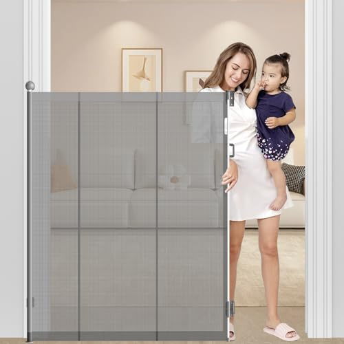 145cm Extra Tall Retractable Dog Gate,200cm Wide,Reinforced Retractable Gate Prevent Crawlling Through,One Hand Operate Retractable Safety Gate for Baby Pet Cat