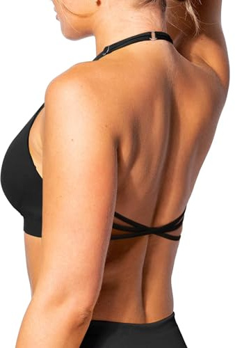 TZLDN Women Halter Sports Bra Padded Backless Gym Workout Crop Tops Black | Spaghetti Strap Strappy Open Back Yoga Bras Low Impact, Black, Small
