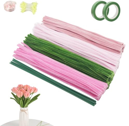 KUIRUNRX Pfeifenreiniger Blumen Set, 400 Stück Pfeifenreiniger zum Basteln-4 Farben, 400 Stück Staubgefäße 10 Stück Blumendraht, 2 Floristenkrepp, Blumenband Zum Basteln aller Arten von Formen verwen