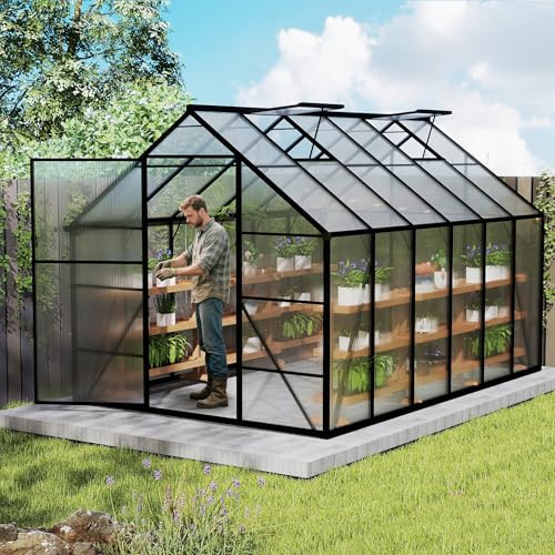 Aufun Premium växthus aluminium, 7,75 m² trädgårdsväxthus med 6 cm bas och 4 mm PC-platta, växthus, tomathus, trädgårdshus, UV-resistent, väderbeständigt för trädgården, 310 x 250 x 205 cm