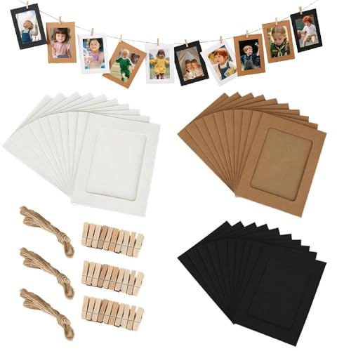 Paper Picture Frames 30 Pcs Paper Frames Photo Banner 4x6 Inch Cardboard Photo Frame with Wooden Clips and Ropes DIY Hanging Picture Display for Party, Home, Office, Wedding, Wall Decor