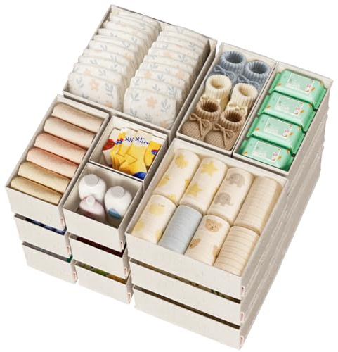 ZenStorage Cotton Linen Drawer Organizers for Baby Clothes, 20Pack Multi-Size Nursery Dresser Dividers for Clothes, Premium Foldable Storage Bins for Bedroom, Closet and Diaper Table, Beige