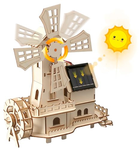 STEM 3D Wooden Puzzles - Solar Powered Windmill Model Kits, Windmill House Wooden Construction Set for Teens & Adults, Educational Science Kits, Puzzles Model Building Project