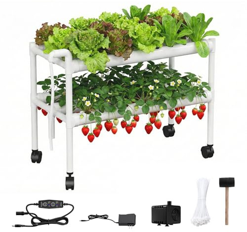 Hydroponics Growing System Kit with Wheels, 54 Plant Sites Gardening Aquaponics Tower, 2-Tier Food-Grade PVC-U Pipes Water Pump Timer for Leafy Vegetables, Indoor, Outdoor (33x35x14 in 54 Holes)