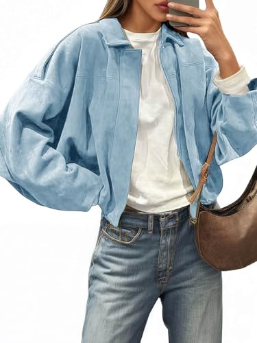 Cicy Bell Womens Faux Suede Bomber Jackets Oversized Cropped Zip Up Coats, Sky Blue, S
