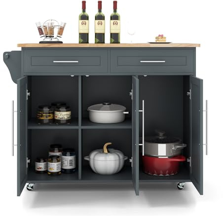 KOMFOTTEU Carrello Portaoggetti con Ruote con 2 Freni, Isola Cucina in Rovere Massiccio, Mobiletto da Pranzo con Portaspezie e Portasciugamani, per Soggiorno, 111,5 x 46 x 93 cm, In 2 Pacchi (Grigio)