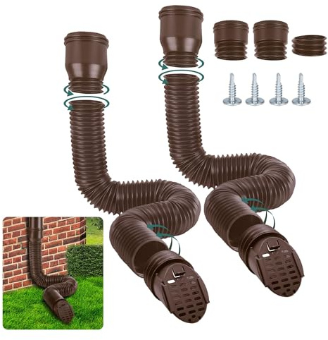GartOasis Dachrinne Flexible Fallrohr Verlängerung, 80/100 mm Rundes Verlängerung mit Ablaufgitter Adapter für Fallrohr Ablauf, Regenrinne Fallrohr Schlauch von 47 bis 150 cm (Braun, 2 Stück)