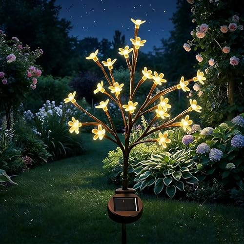 CECOMBINE Solar Lights Outdoor Garden Waterproof, Upgraded 20 LED Outdoor Cherry Blossom Lamp, IP65 Waterproof Outdoor Solar Swaying Flowers Lights for Lawn Yard Terrace Illumination Garden Ornaments