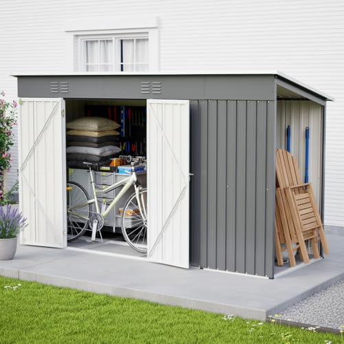 Metallskjul 311 x 123 x 181 cm med dubbeldörr och ventilation – väderbeständigt trädgårdsskåp kan användas som cykelgarage och soptunnlåda – inkl. stomme och säkerhetslås (grå)