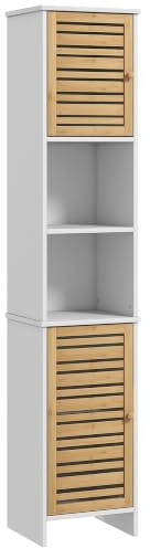 HOMCOM Mobile Bagno Alto 170cm con 2 Armadietti Ante 35x30x170 cm Bianco | Mobiletto Bagno Salvaspazio, Ante in Bambù, Ripiani Regolabili, Scomparti Aperti, per Lavanderia
