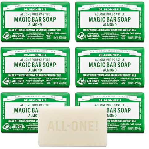Dr. Bronner's - Pure-Castile Magic Bar Soap (Almond, 5 oz, 6-Pack) - Made with Regenerative Organic Certified Oils- For Face, Body & Hair, Gentle, Vegan Bath Soaps for Men & Women, Non-GMO