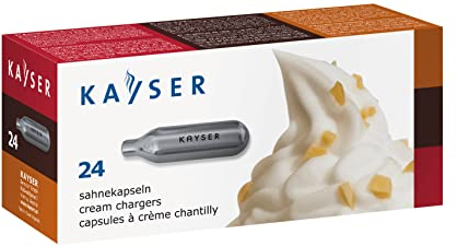 KAYSER Sahnekapseln für Sahnespender, 24 Stück, 8g N2O Sahne Kapseln aus wiederverwertbarem Stahl, passend für gängige Sahnebereiter, 1 Kapsel für 500ml Sahne - Nie mehr Sahne schlagen