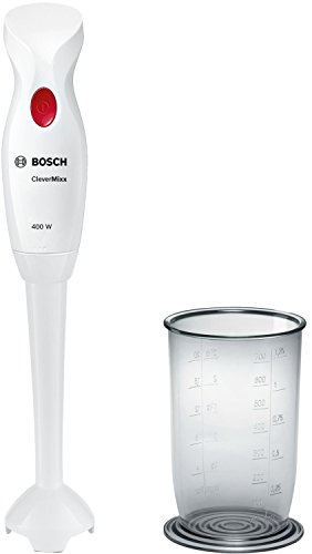 Bosch Electroménager - MSM14100 Mixeur Plongeant CleverMixx - Mixeur à main puissant 400 W - Pied mélangeur amovible avec QuattroBlade - Système anti-éclaboussures - Avec Accessoires - Blanc/Gris